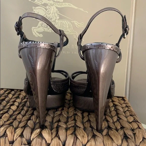 Burberry Leather T-Strap Stilettos in Dark Nickel